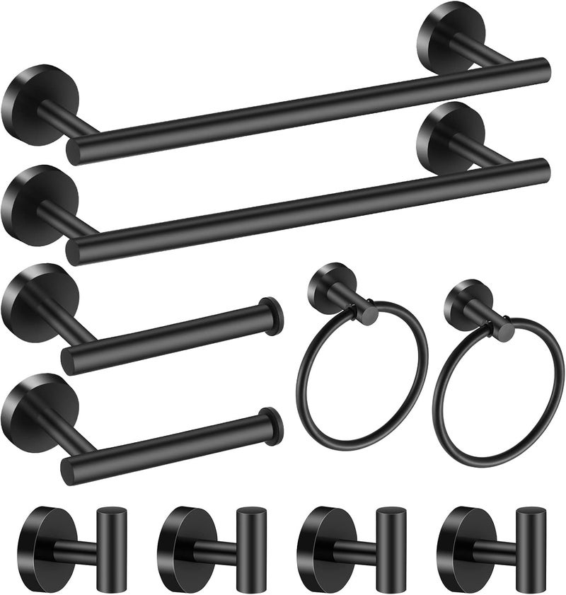 Hinmood Bathroom Hardware Set Matte Black, 10 Pieces Bathroom Accessories Set Includes Includes 2 Packs 24 Inch Towel Bar, Towel Ring, Toilet Holder and 4 Packs Towel Hooks - Image 1